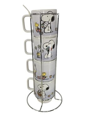 Snoopy Stackable 12 oz  Mug Set 4 Peanuts Gang w/Metal Stand Rack Coffee Cup